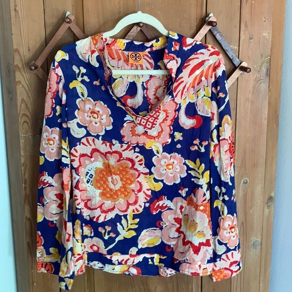 Tory Burch long sleeve floral sequin tunic top blouse
